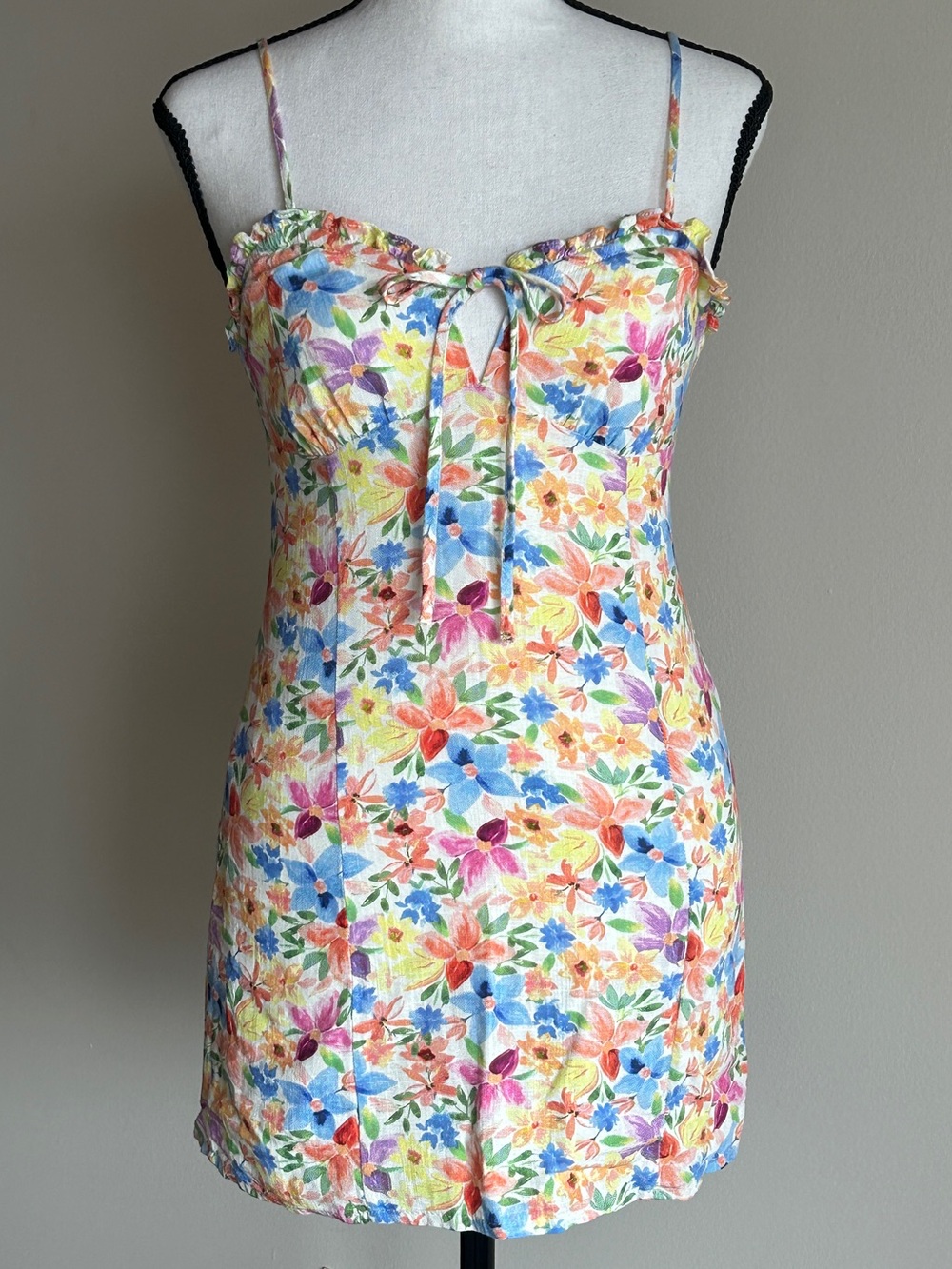 Twik Watercolour Colourful Floral Tie-Front Romantic Mini Sundress Small